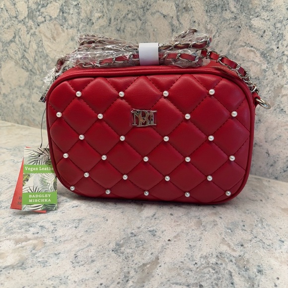 Bradley Mischka Red Diamond Quilted Accessories Crossbody Handbag W/ Pearls - Picture 1 of 6